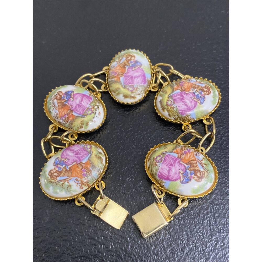 Vintage Goldette 1950s French ROMANTIC Limoges Bracelet RARE 7.5”